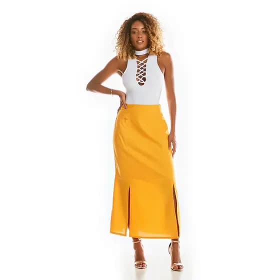 Saia Midi Com bolsos laterais de Viscolinho