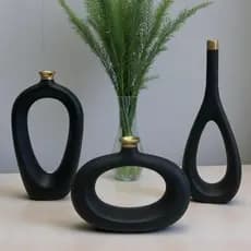 Vasos Decorativos Cerâmica Fosco Kit 3 Peças Detalhe Dourado Sala Mesa Aparador Rack Escritório