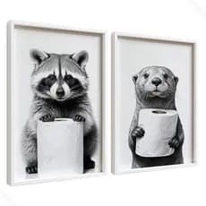 Kit 2 Quadros Banheiro Lavabo Vidro luxo Animais Lontra e Guaxinim Moldura Madeira Decorativo