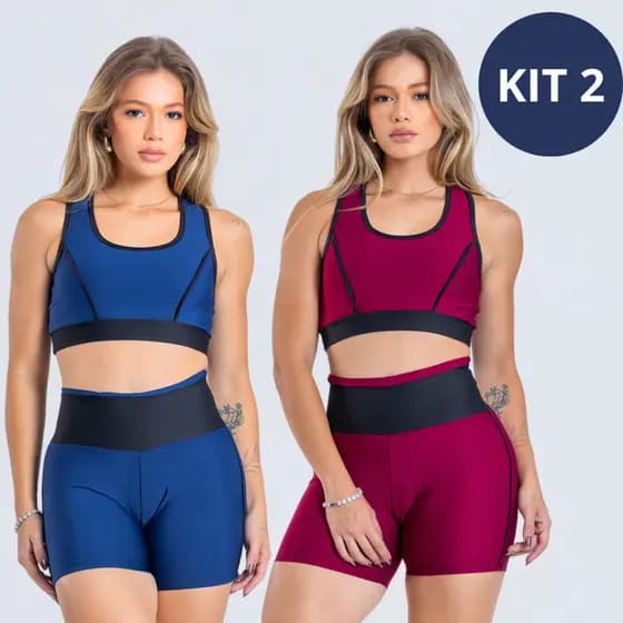 Kit 2 Conjunto Academia Feminino Short e Top Fitness Cintura Alta Suplex Premium