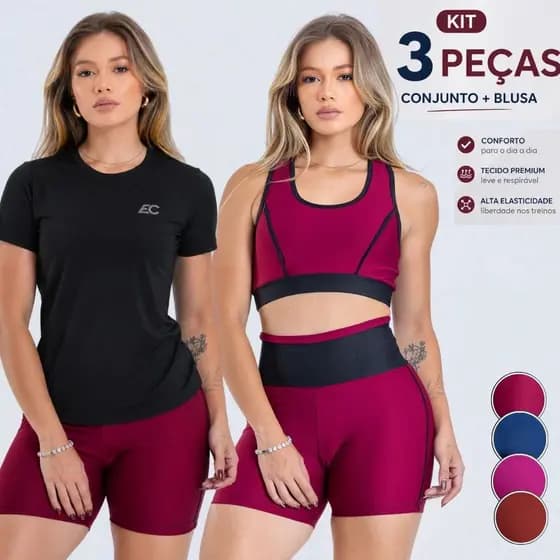 Kit 3 Peças Conjunto Fitness Feminino  + Blusa Camiseta Academia Feminina Dry fit