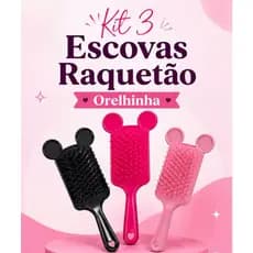 Kit 3 Escovas RAQUETÃO ORELHINHA  Mickey Desembaraça Sem Quebrar Os Fios salão beleza criança
