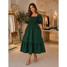 Vestido Midi Rodado Manga Princesa Evangélico Festa Casual Elegante Soltinho Elaxtec Feminino
