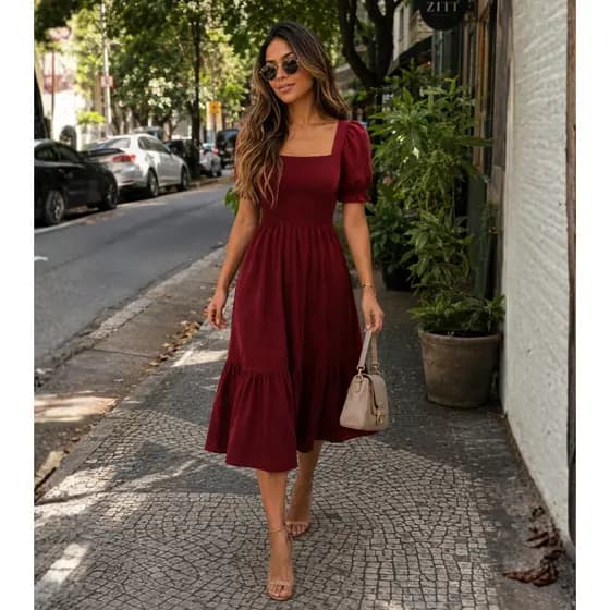 Vestido Midi Evangélico Elaxtec Manga Bufante Rodado Casual Elegante Confortável Festa Tendência Dia a Dia
