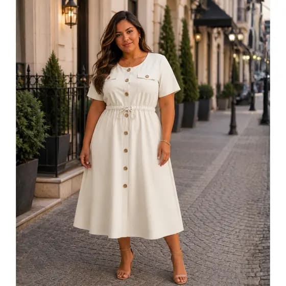 Vestido Chemise Plus Size Midi Feminino Moda Evangélica Elegante Casual Confortável Botões Manga Curta Tendência