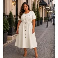 Vestido Chemise Plus Size Midi Feminino Moda Evangélica Elegante Casual Confortável Botões Manga Curta Tendência