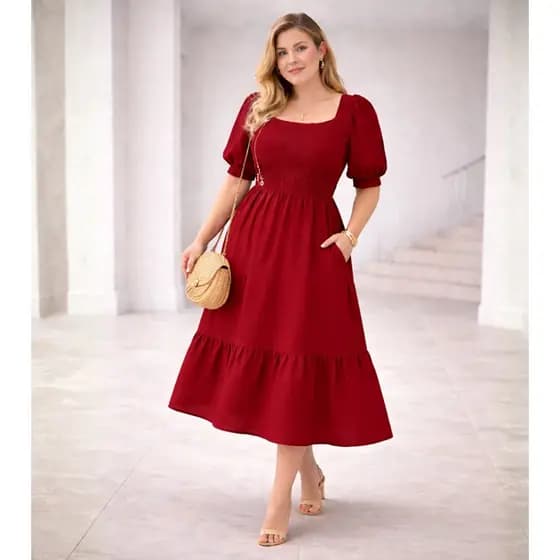 Vestido Midi Plus Size Manga Princesa Bufante Casual Elegante Evangélico Rodado Dia a Dia Ajustável Feminino