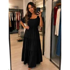 estido Longo Feminino Preto Manga Bufante Moda Evangélica Casual Soltinho Elegante Tendência 2026