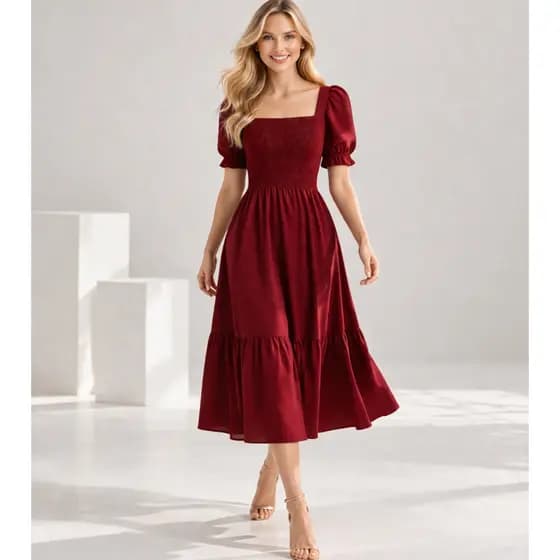 Vestido Midi Feminino Manga Bufante Elastec Ajustável Rodado Elegante Moda Evangélica Casual Festa