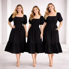 Vestido Soltinho Godê Alfaiataria Liso Evangélico Moda Modesta Preto Acinturado Casual Elegante Tendência Manga Bufante