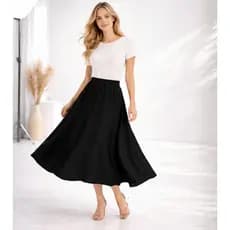 Saia Midi Preta Confortável Versátil Fluida Evangélica Godê Cintura Alta Elegante Casual Sofisticado