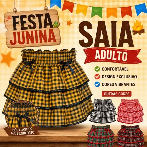 Saia Adulto 3 Babados Festa Junina Caipira São João Arraiá Feminina