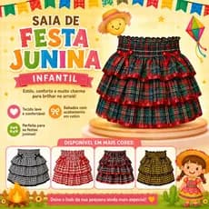 Saia infantil Menina Festa 3 Babados Junina Caipira São João Arraiá Feminina Criança