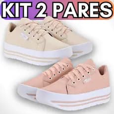 kit 2 Tênis Feminino Plataforma Sintético Casual Preto Branco Nude Rosa