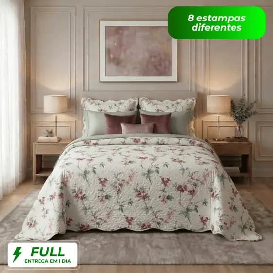 Kit Cobre Leito Colcha Casal 3 Peças Boutis Estampada Florida Matelado Dupla Face Microfibra Premium
