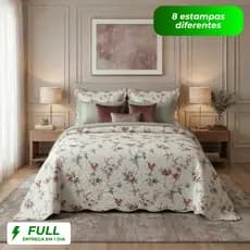 Kit Cobre Leito Colcha Casal 3 Peças Boutis Estampada Florida Matelado Dupla Face Microfibra Premium