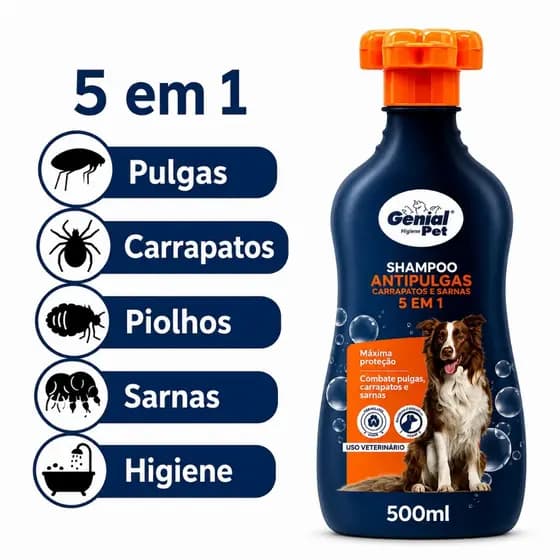 Shampoo 5 em 1 AntiPulgas Carrapatos Genial Pet 500ml