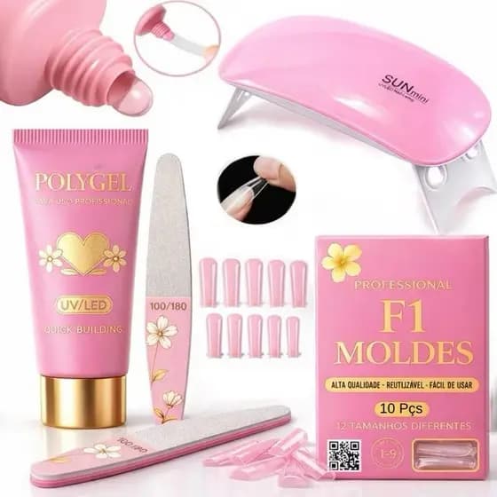 Kit Polygel Alongamento de Unhas Mnicure Poligel + Molde F1 + Lixa + Mini Cabine De Unha