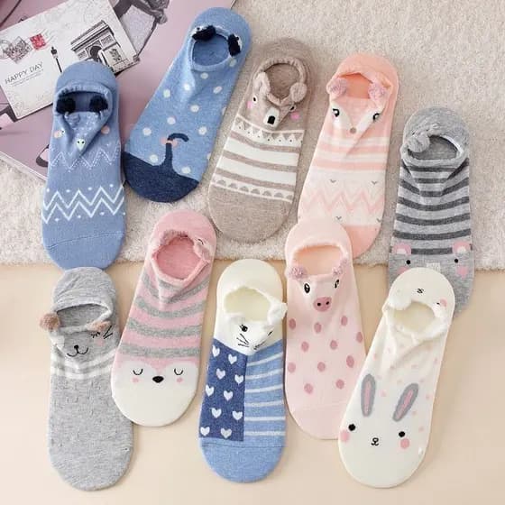 kit Pares Meia Sapatilha Cano Curto Bichinhos Animais Femininas Com Orelhinha
