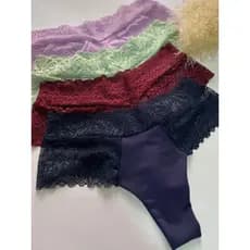 Kit 3 Calcinha Tangas Fio Duplo Feminina Microfibra e Renda Forro Algodão Maya