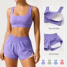 Conjunto Short Duplo Fitness Feminino Top com Bojo Premium Poliamida Tactel Academia Corrida Cintura Alta