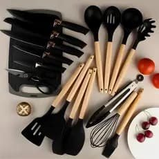 Kit Utensílios de Cozinha Jogo Completo 19 Peças Preto, Jogo de facas 19 peças, Faqueiro 19 peças