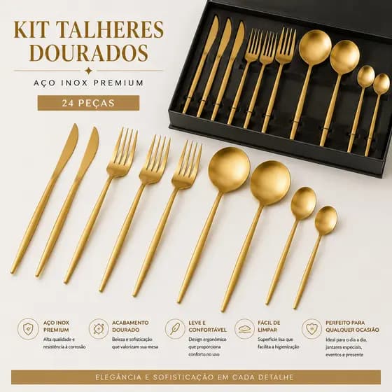 Kit Talheres Dourados Aço Inox 24 Peças, Jogo de faca dourado, Faqueiro 24 peças douradas
