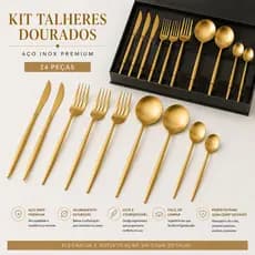 Kit Talheres Dourados Aço Inox 24 Peças, Jogo de faca dourado, Faqueiro 24 peças douradas