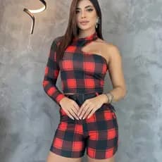 Conjunto Xadrez Feminino Country Short com Cinto e Croped Rodeio Vaquejada Festa Junina
