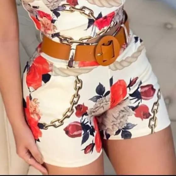 Short Feminino Cintura Alta Short com Cinto Bermuda Com Elastano