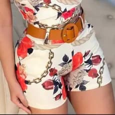 Short Feminino Cintura Alta Short com Cinto Bermuda Com Elastano