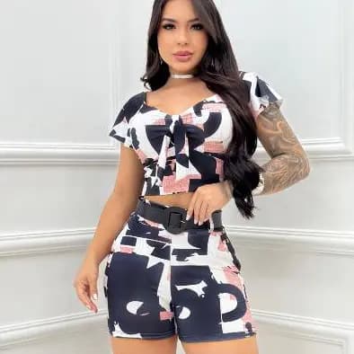 Conjunto Feminino Estampado com Cinto - Dia a Dia Casual