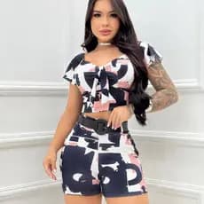 Conjunto Feminino Estampado com Cinto - Dia a Dia Casual