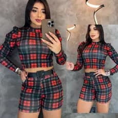 Conjunto Feminino Xadrez Blusa Manga Longa + Short com Cinto Festa Junina Country
