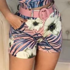 Short Feminino Estampado Cós Alto com Bolso Acompanha o Cinto - Bermuda Confortável Praia Verão