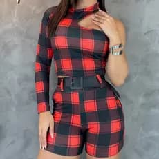 Conjunto Feminino Xadrez Blusa Nula Manga + Short com Cinto Moda Country Junina