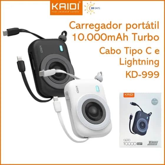 Bateria Portátil Power Bank Turbo com 2 cabos embutidos e carregamento indução10.000mAh KAIDI KD-999