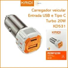 Carregador Veicular Turbo Fonte com Saída dupla 1 USB e 1 Tipo C Kaidi KD-531