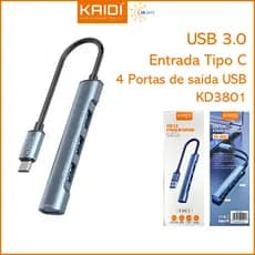USB 3.0 4 Porta de Entrada com Saida Tipo C Kaidi KD-3801