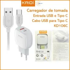 Carregador de Tomada 20W com cabo USB para Tipo C Turbo PD+QC3.0 KAIDI KD-106C