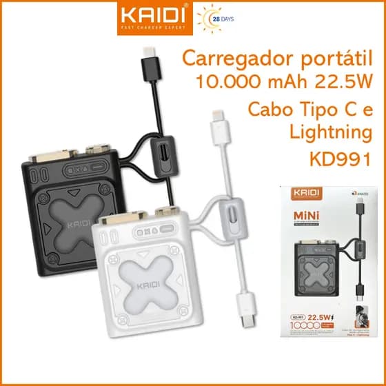 Bateria Portátil Power Bank Mini Turbo com 2 cabos embutidos 10.000mAh 22.5W KAIDI KD-991