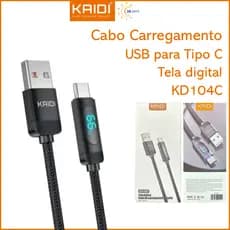 Cabo Carregamento 66W USB para Tipo C 1m Tela digital Kaidi KD-104C