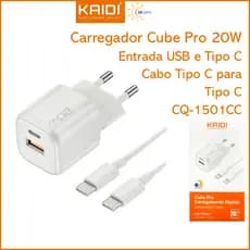 Carregador de Tomada Fonte Turbo 20W cabo Tipo C para Tipo C KAIDI CQ-1501CC