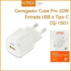 Carregador de Tomada Fonte Turbo 20W Cube Pro com entrada Tipo-C e USB KAIDI CQ-1501