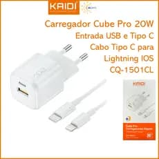 Carregador de Tomada Fonte Turbo 20W cabo Tipo C para Lightning IOS KAIDI CQ-1501CL