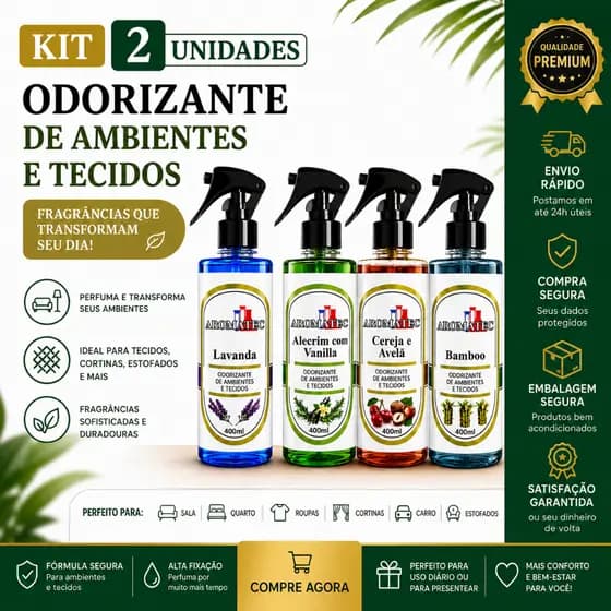 Kit 2 Odorizador Ambientes E Tecidos 400ml Lavanda Bamboo Cereja Alecrim Vanilla