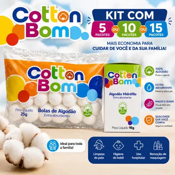 Kit Algodão Hidrófilo Sortido Cotton Bom 5 10 ou15 Pacotes Bolas e Algodão Multiuso Extra Absorvente