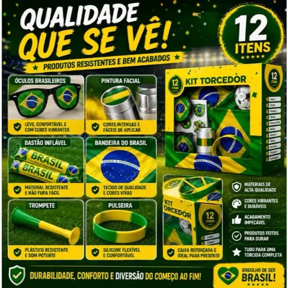 Kit Torcedor Virginia Brasil Copa 2026 12 Itens Do Brasil Completo Festa Jogo Bandeira Trompete