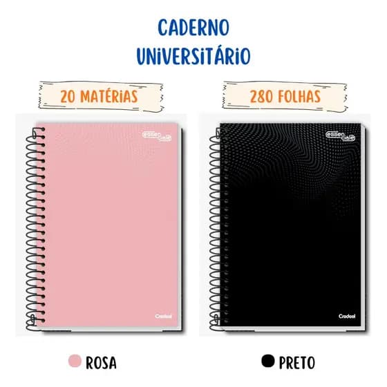 Caderno Universitário Capa Dura 20 Matéria 280 Folhas Preto Rosa Escolar Tamanho 200mmx275mm Credeal