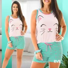 Pijama Feminino Verão Curto Baby Doll Blogueira Conjunto Short e Blusa Confort Estampado Fofinho RVE